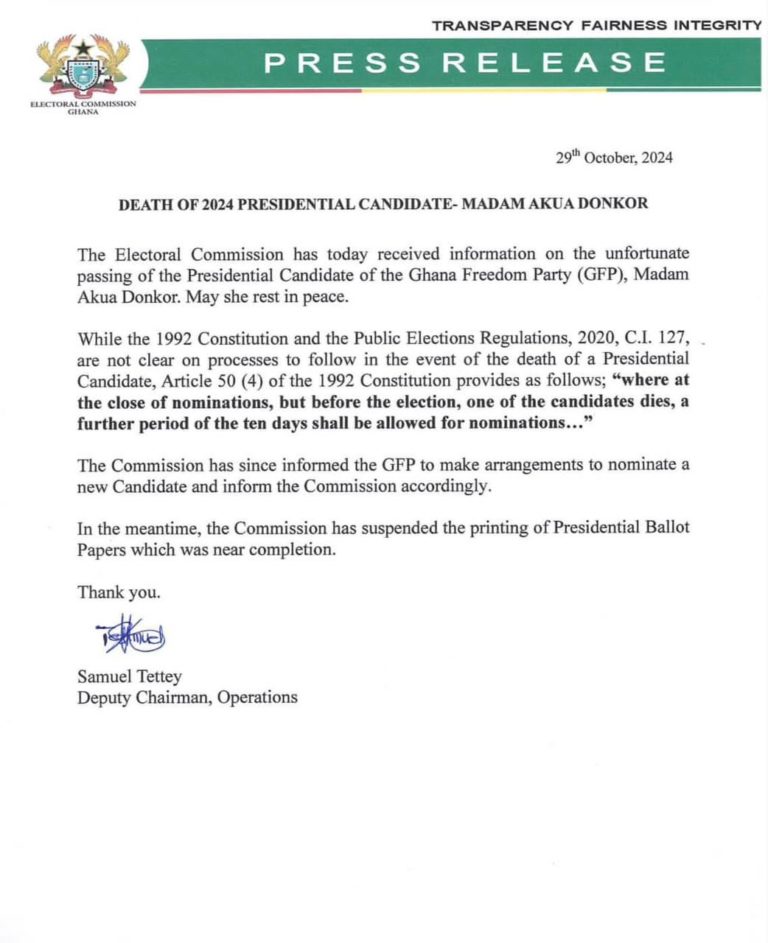 EC Urges GFP To Nominate New Flagbearer Within 10 Days Following The Passing Of Akua Donkor