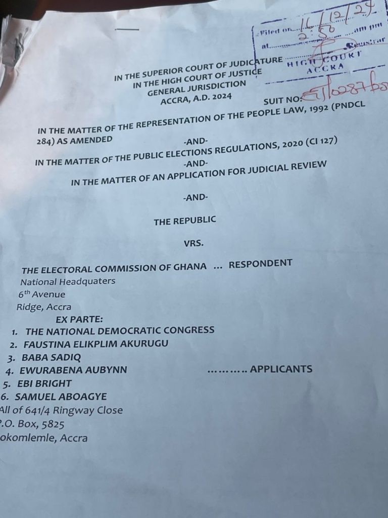 NDC Files Suit To Block EC From Re-collating Parliamentary Results In Five Constituencies